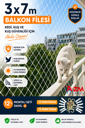 Azmtürkiye 3 x 7 m Kedi Balkon Filesi – UV Dayanıklı Güvenlik File, Kuş & Evc...