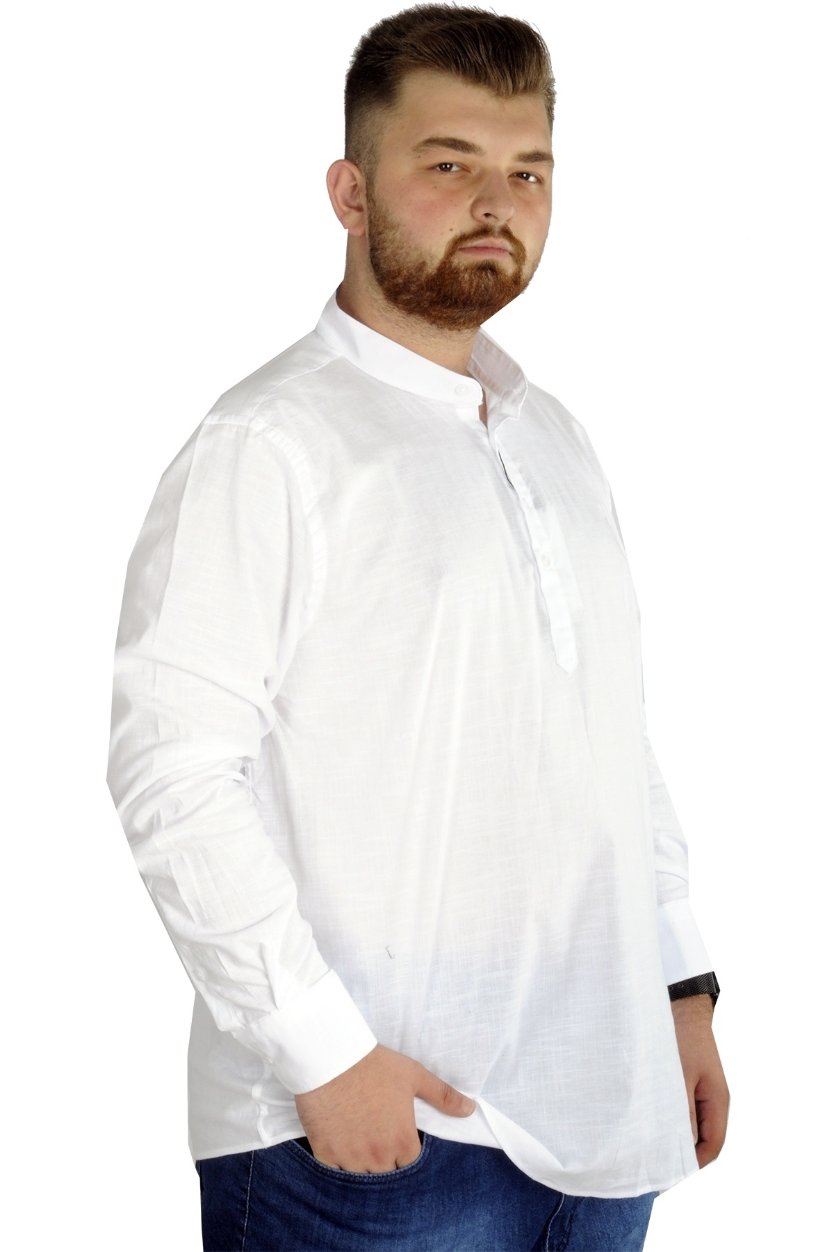 ModeXL Mode Xl Büyük Beden Erkek Keten Likralı Ukol Hakim Yaka Gömlek 20388 Beyaz görsel 2