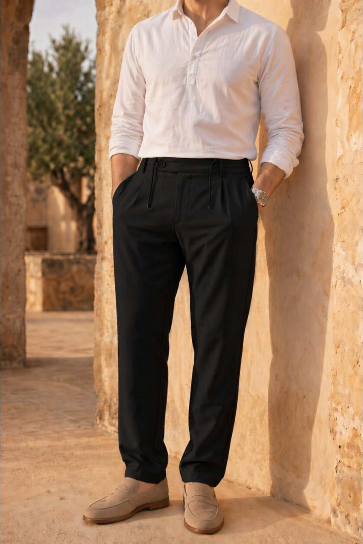 Forner Regular Fit Elastic Waist Belt Detailed Men's Fabric Pants - Black