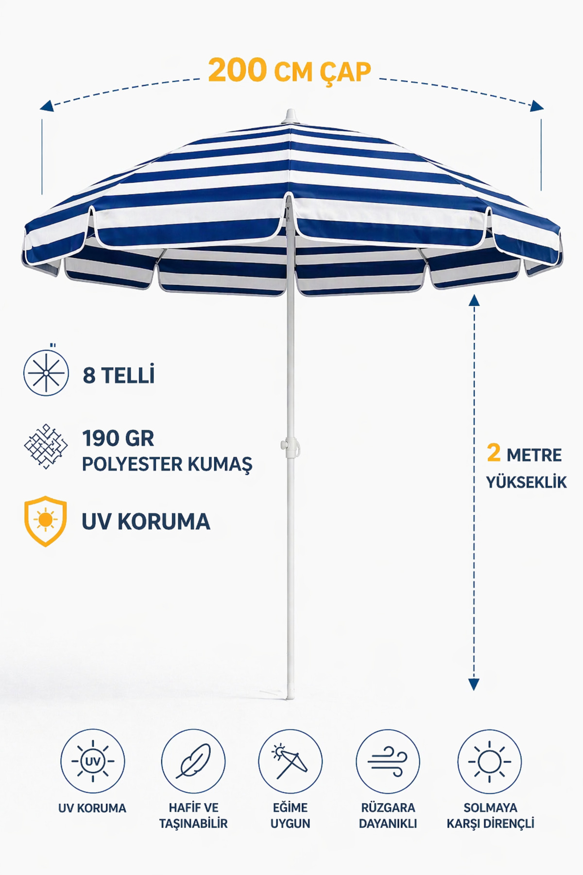 Blue White 200cm, 8 Strand Beach Umbrella