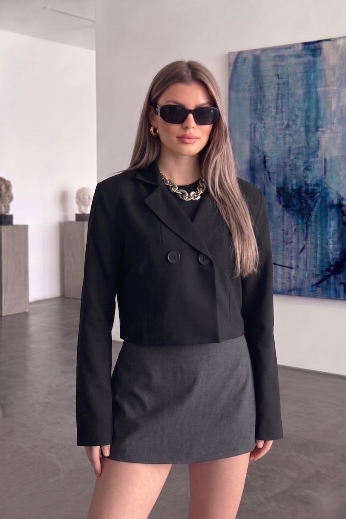 Jaglion  New Season Çift Düğme Detaylı Kadın Crop Blazer Ceket - Görsel 4