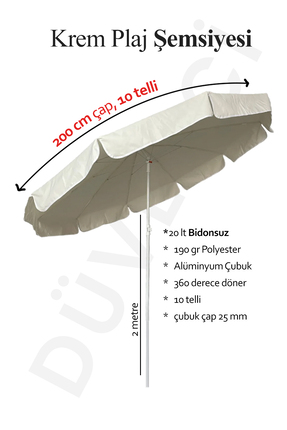 Düvenci Plaj Şemsiyesi, Krem Renkli, 10 Telli, 2 Metre Çaplı, Güneşe Göre Eği...