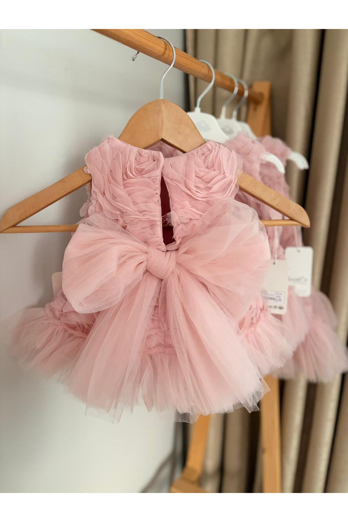 İKO BABY KIZ BEBEK 9-24 AY FİYONKLU PUDRA TÜLLÜ ELBİSE