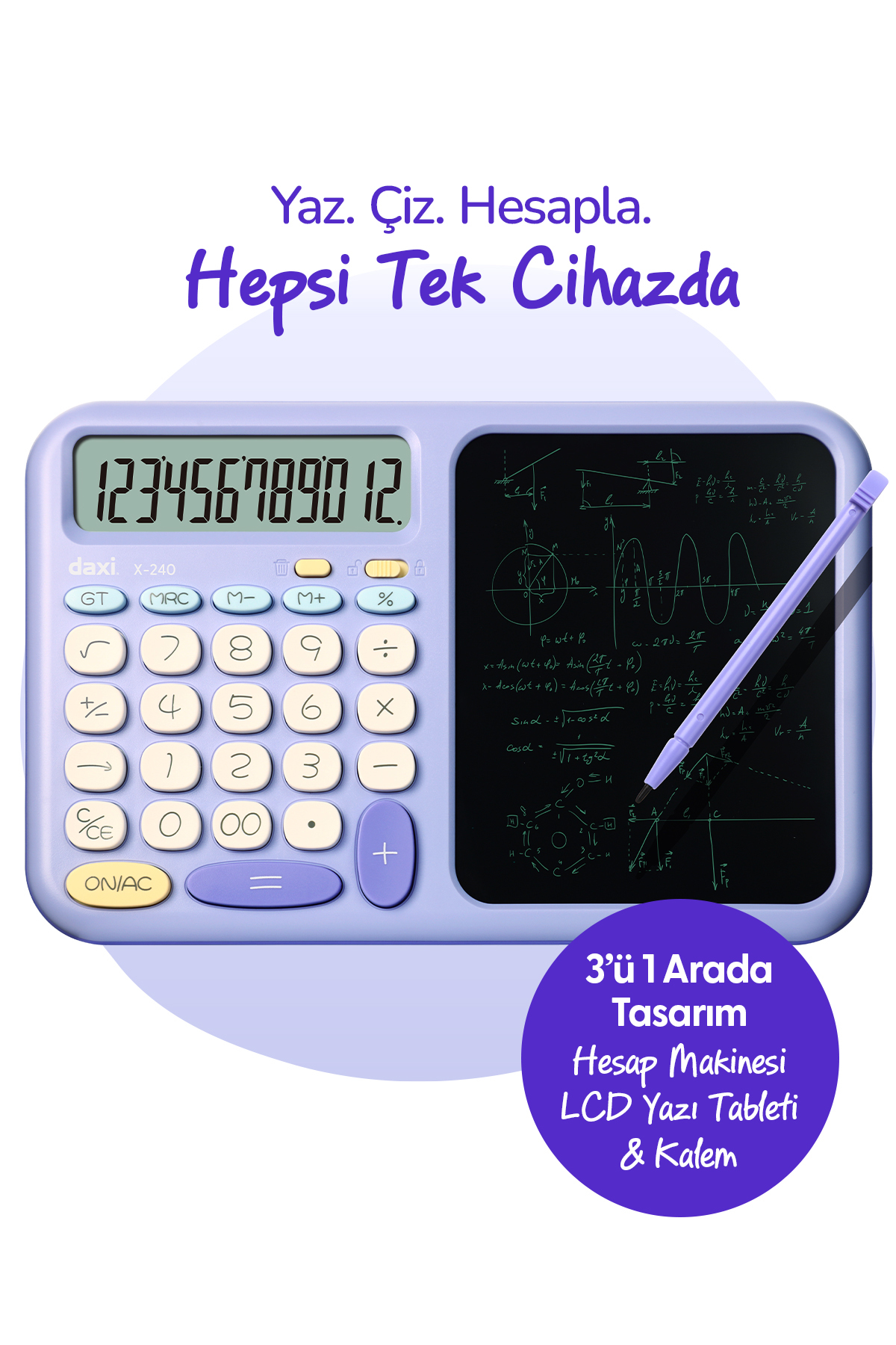 Daxi X-240 LCD Yazı Tabletli Hesap Makinesi, 12 Haneli, Kalemli, 24x15 cm
