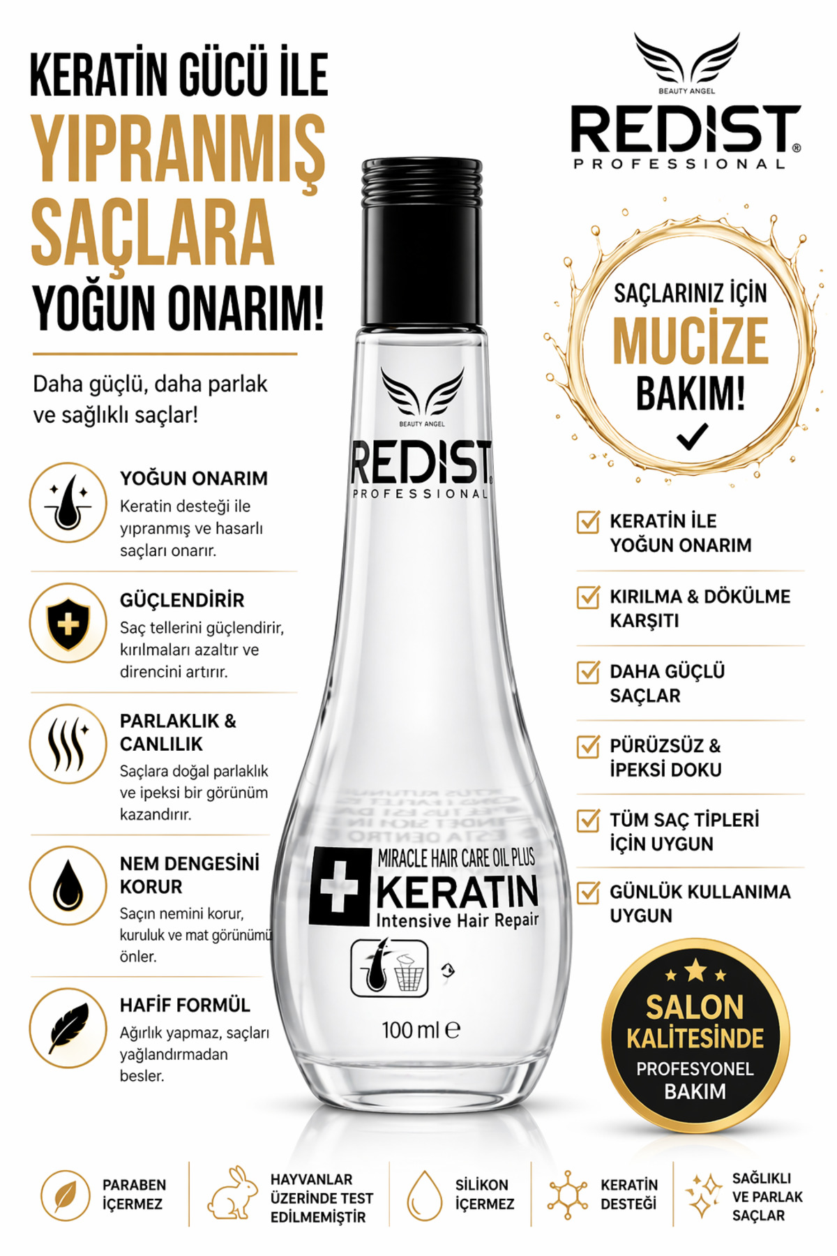 Redist Keratin Saç Bakım Yağı Cam şişe 100 ml – Doğal Onarıcı Formül ile Parlak, Güçlü ve Sağlıklı Saçlar