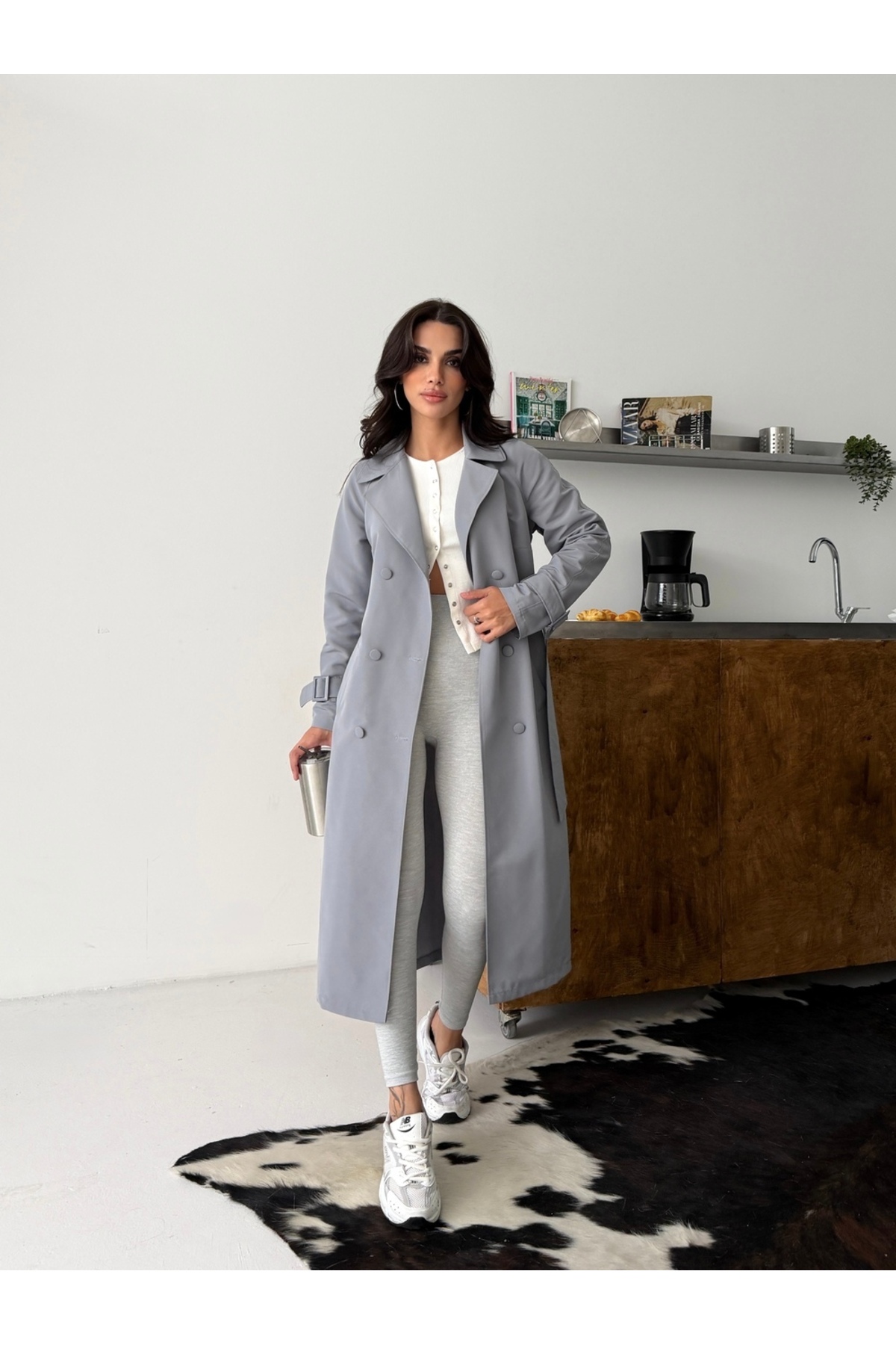 comstar Kadın Klasik Cepli Kuşaklı Trend Midi Gri Trençkot