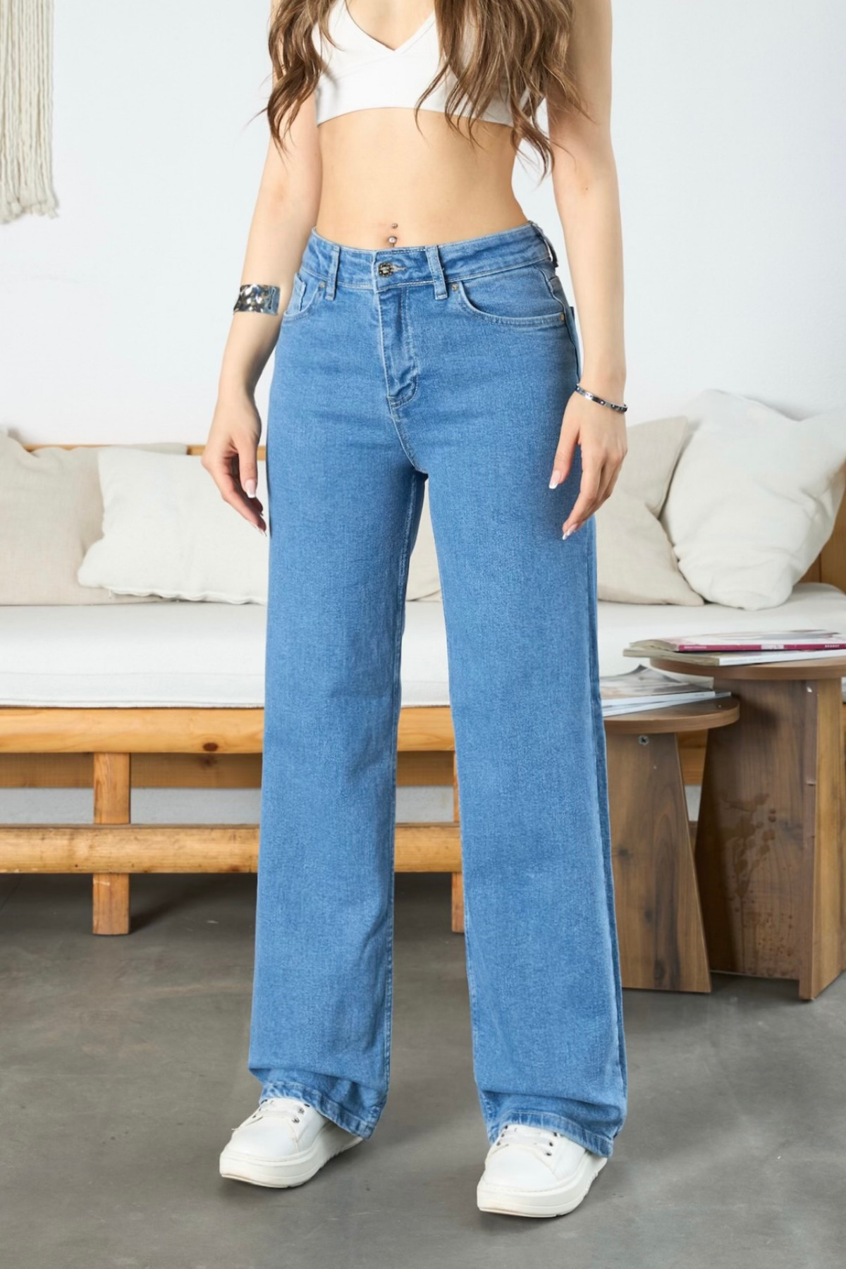 BİKELİFE Blaue Damenjeans mit hoher Taille und weitem Bein