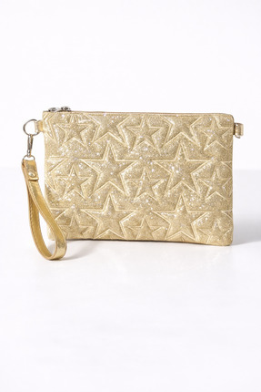 dericom Yıldız Desenli Gold Simli Kadın Portföy Clutch Çanta