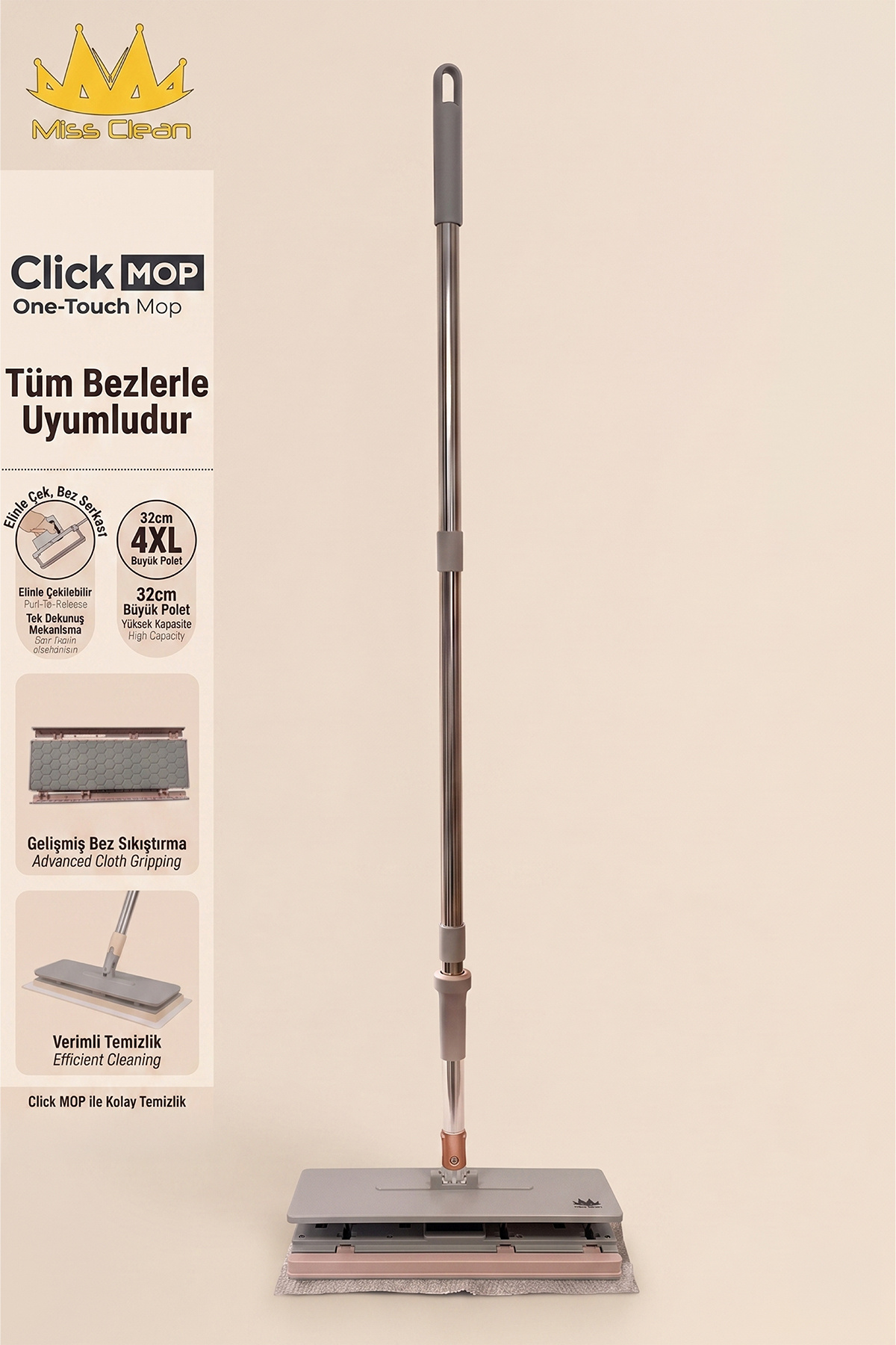 MissClean Tüm Bezlere Uyumlu Click Mop 4xl Islak Mendillere Uyumlu