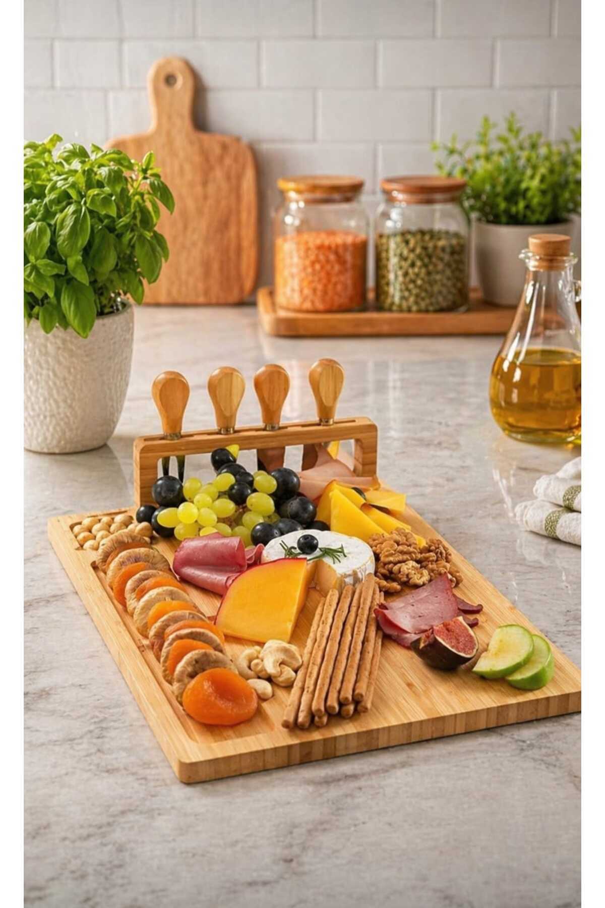 bamboo cheese presentation cutting board and fork mini spatula and knife set consists of 5 pieces