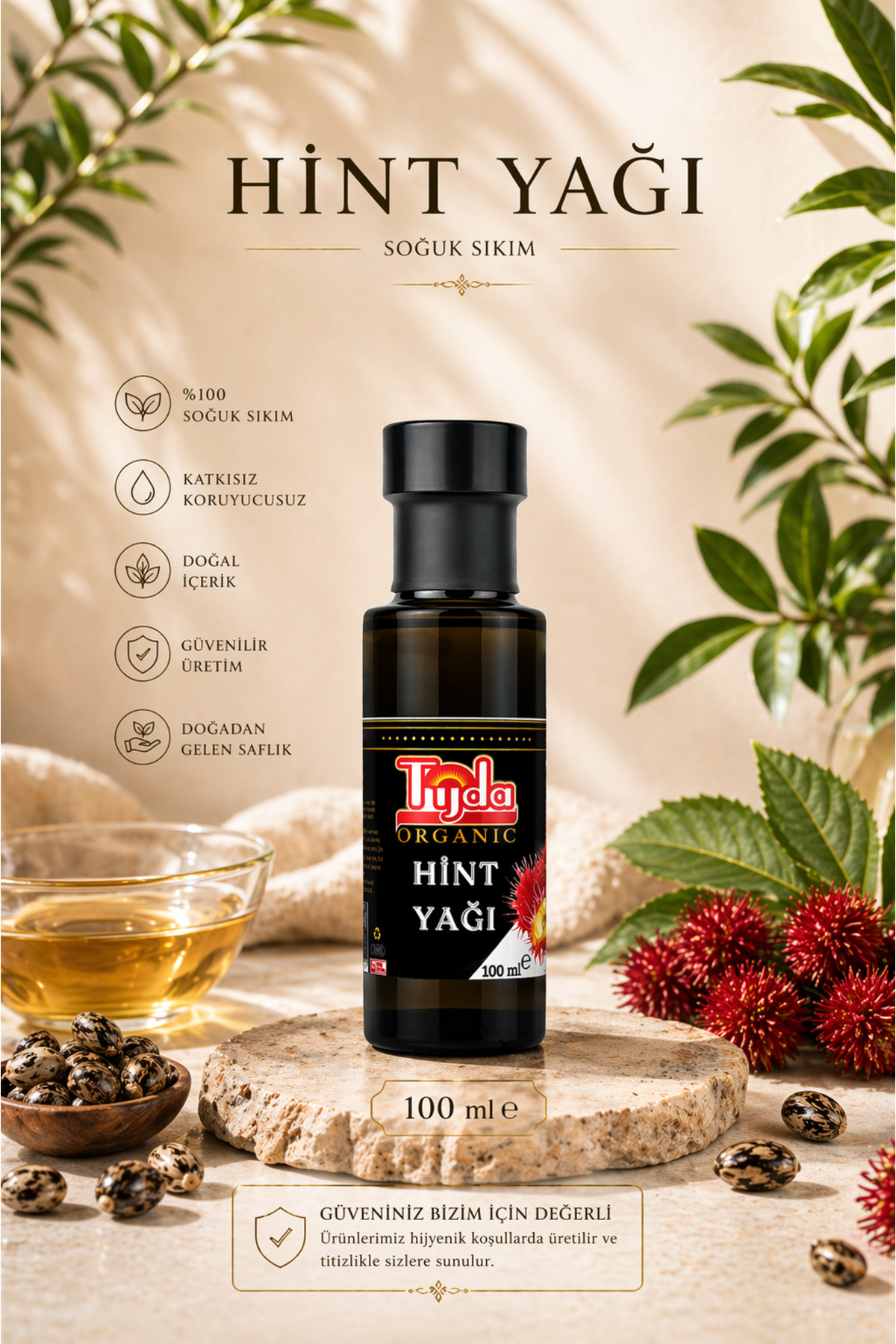 Hint Yağı 100 ml Analiz raporlu %100 Saf Soğuk Sıkım Castor Oil | Saç, Kaş & Cilt,Vücut Bakımı — TJD-HNTYĞ-100ML