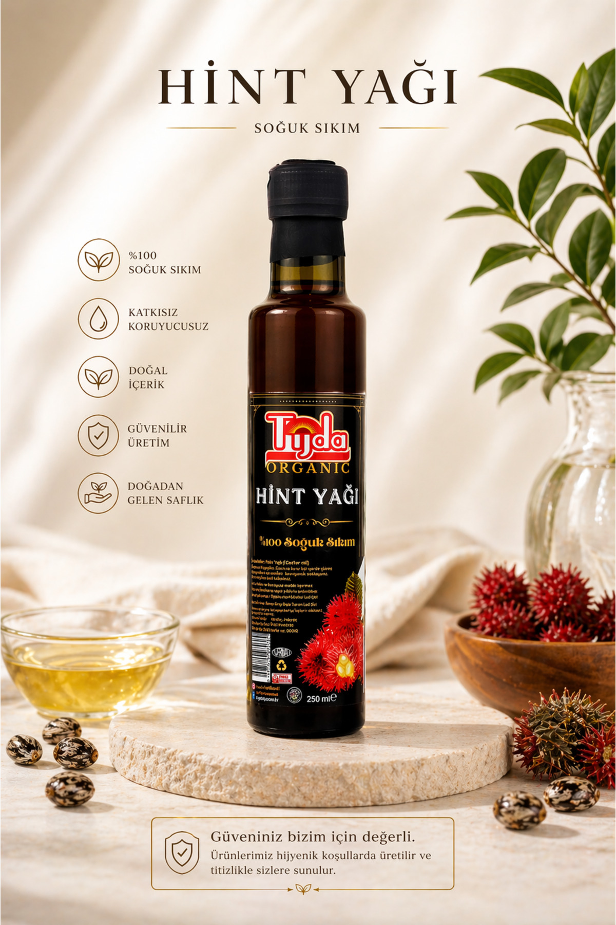 TİJDA Hint Yağı 250 ml -Analizli Ürün %100 Saf Soğuk Sıkım Castor Oil | Saç, Kaş & Cilt,Vücut Bakımı