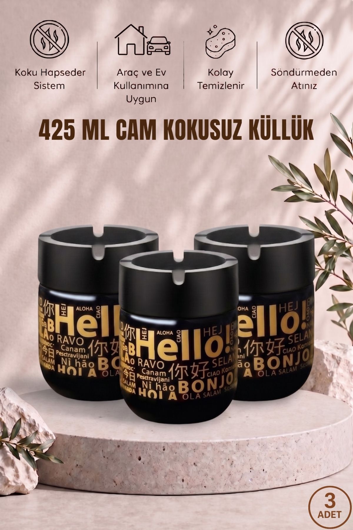 Hello Printed 3 Pieces Glass Unscented Ashtray | Smokeless | Decorative Glass Ashtray with Anti-Wind Cover | 425 ML | Black