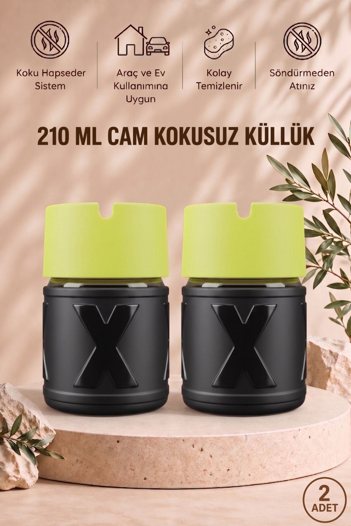 2Pcs X Glass Unscented Ashtray | With Odor Trapping Cover | With Anti-Wind Cover | Suitable for Vehicle and Home Use | Yellow | 210 ML