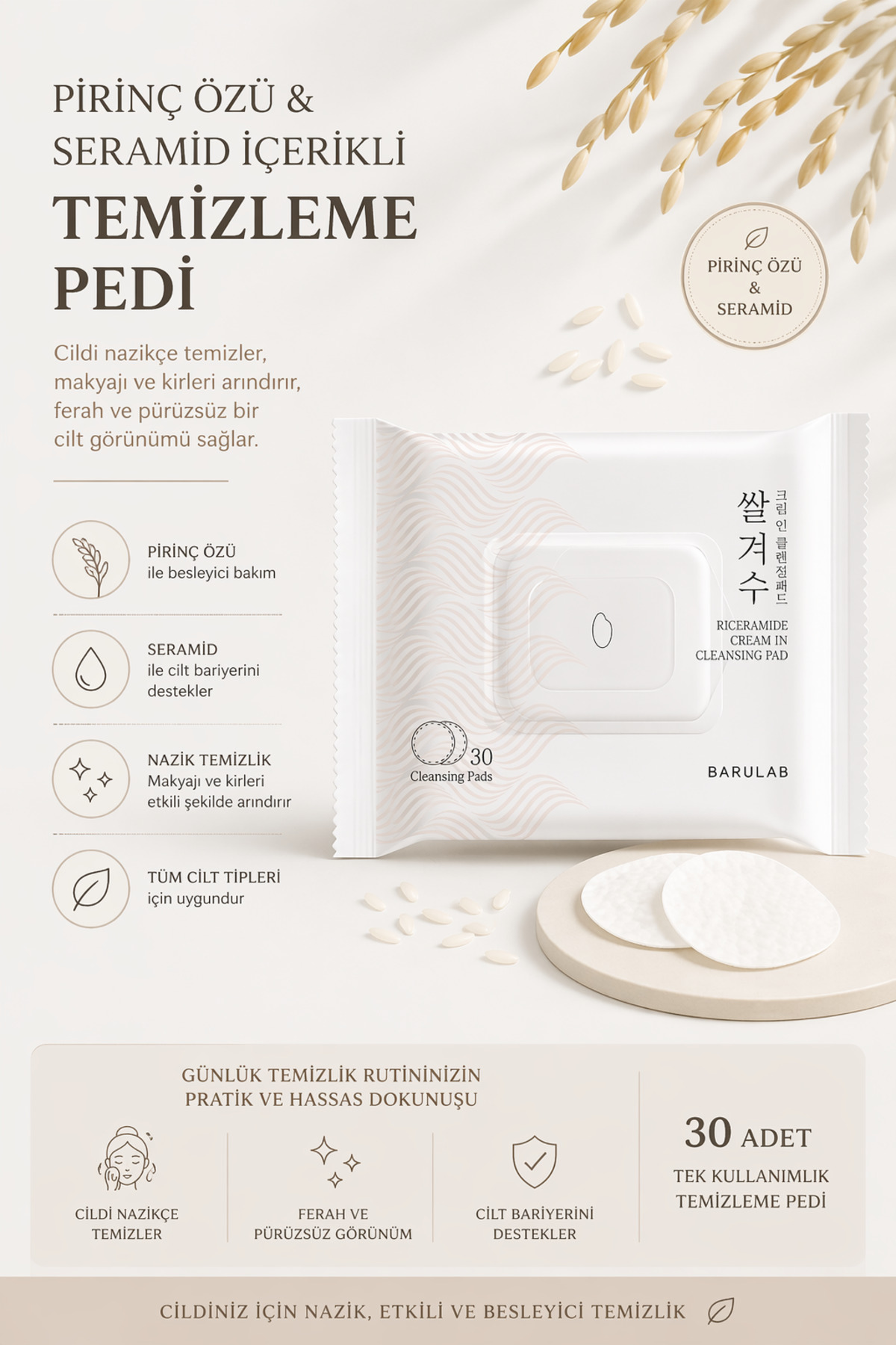 Barulab RICERAMIDE CREAM IN CLEANSING PAD - Pirinç Özlü Temizleme Pedi 30 Adet