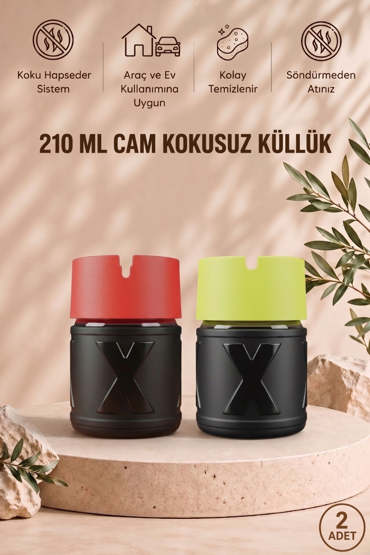 2Pcs X Glass Unscented Ashtray | With Fragrance Trapping Cover | With Anti-Wind Cover | Suitable for Vehicle and Home Use | Yellow Orange | 210 ML