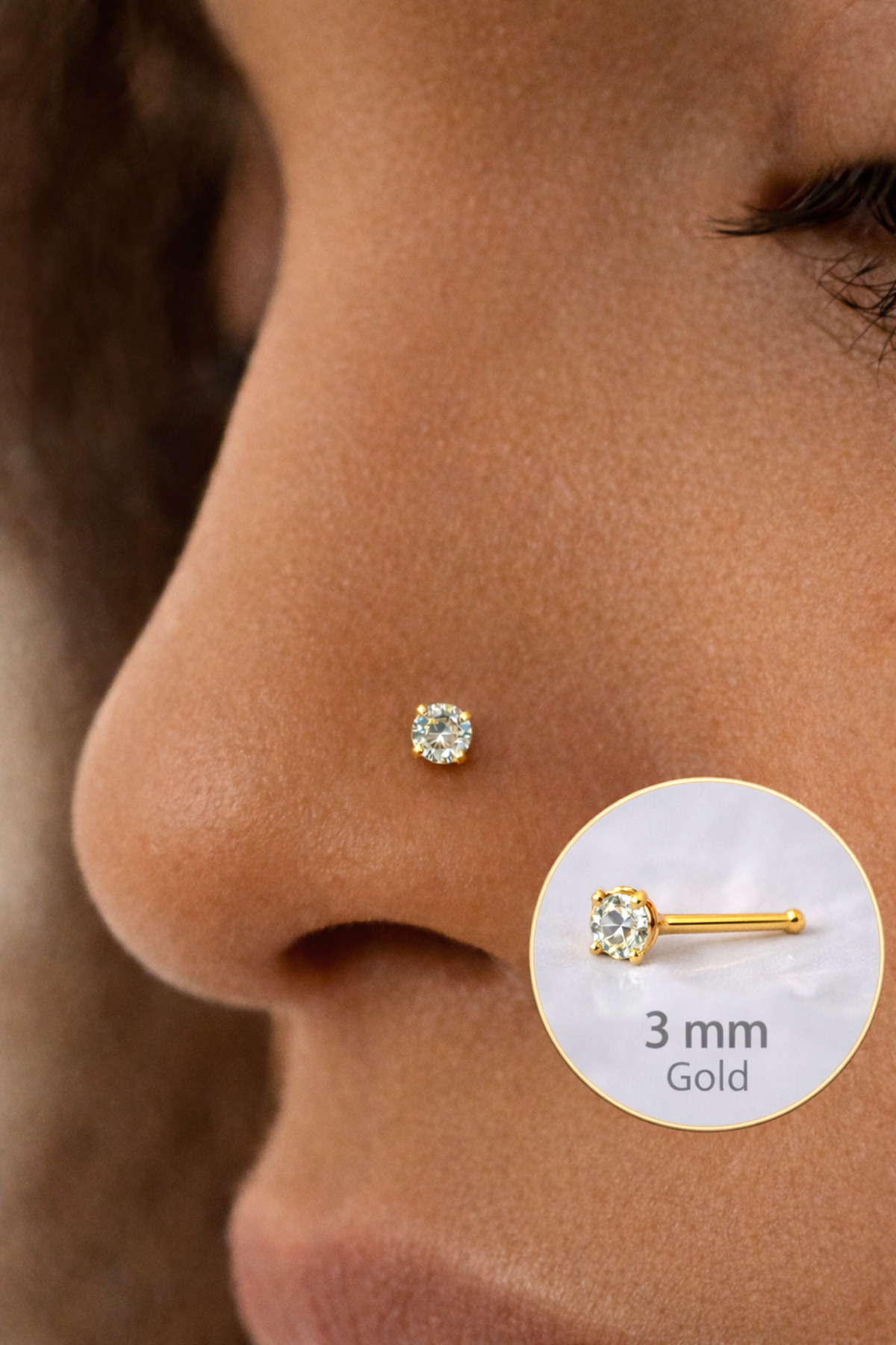 316 L Steel 3 mm Solitaire Acceleration Nose Piercing Gold Color