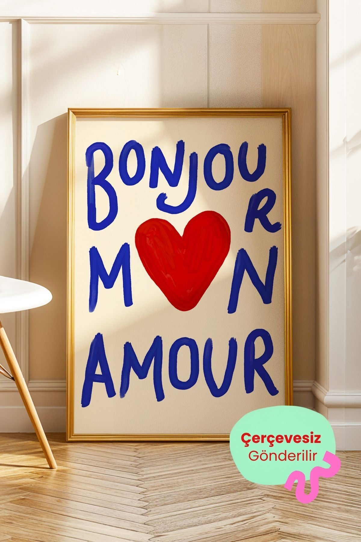 Kırmızı Kalp Figürlü Bonjour Mon Amour Yazılı Poster Çerçevesiz
