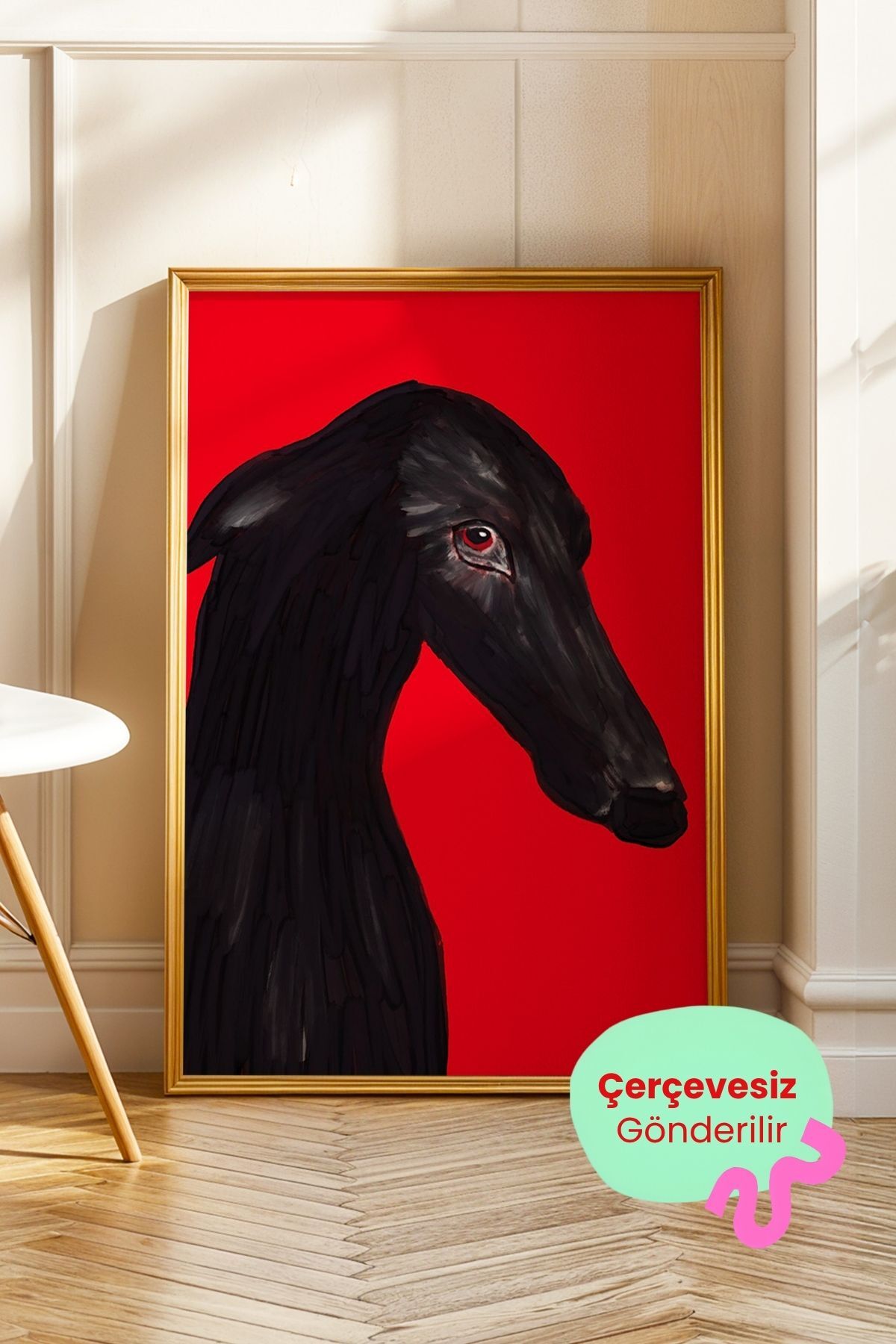 Siyah Köpek Portre Tablo Poster Kırmızı Zemin Modern Duvar Dekoru Çerçevesiz