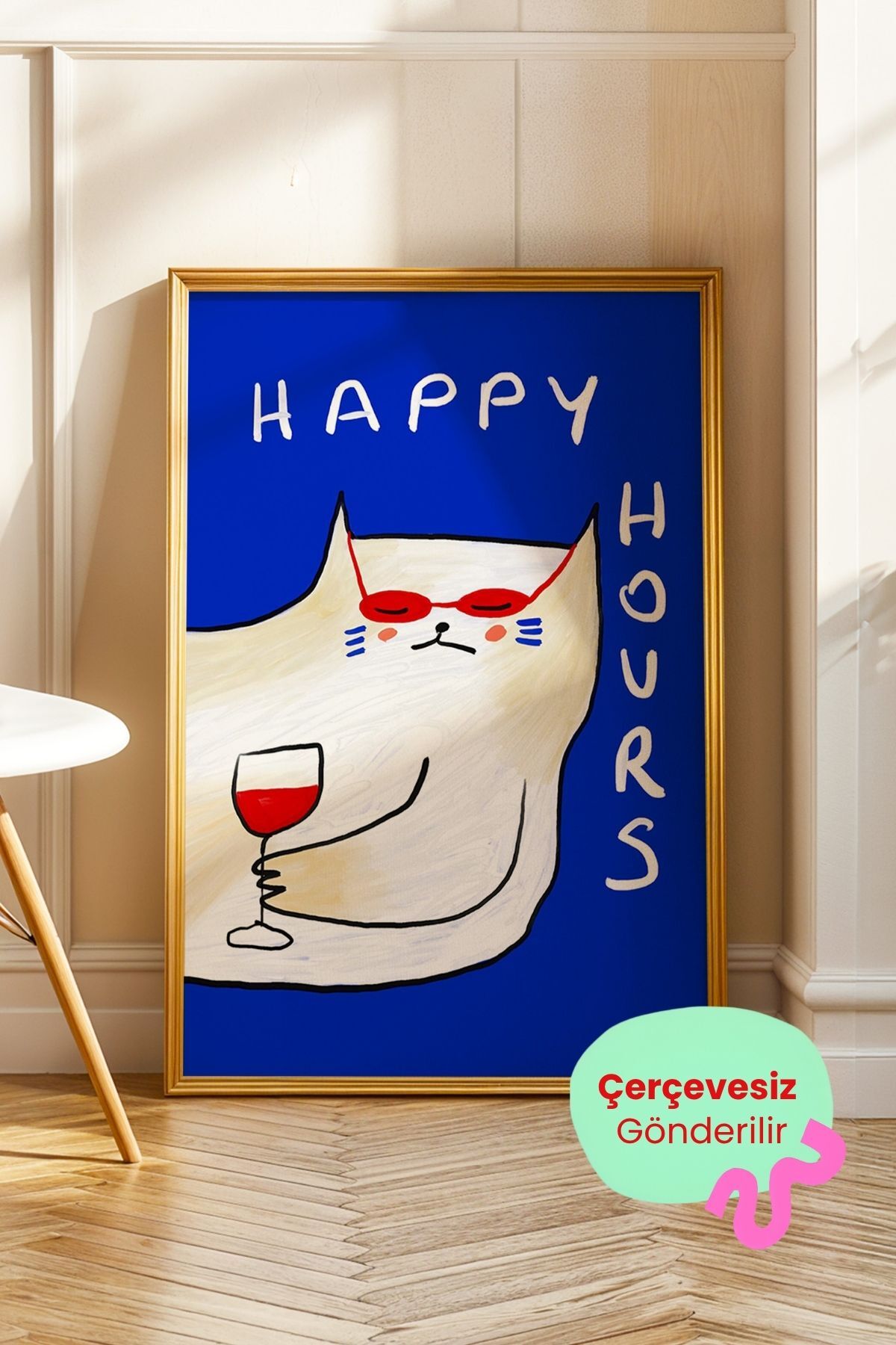 Kedi Tablo Şarap Poster Happy Hour Duvar Dekoru Eğlenceli Çerçevesiz