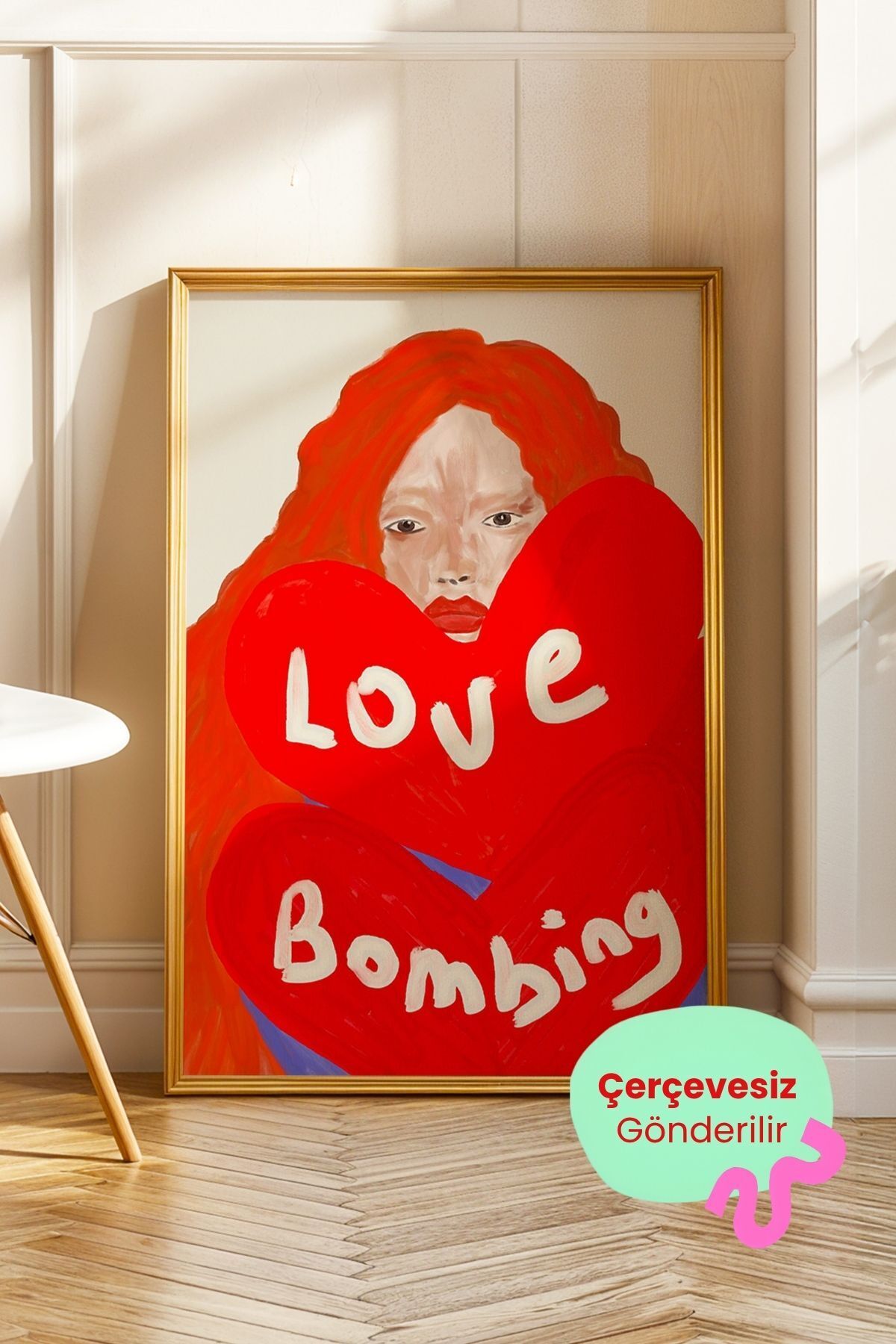 Kırmızı Kalpli Kadın Tablo Love Bombing Yazılı Poster Modern Duvar Dekoru Çerçevesiz