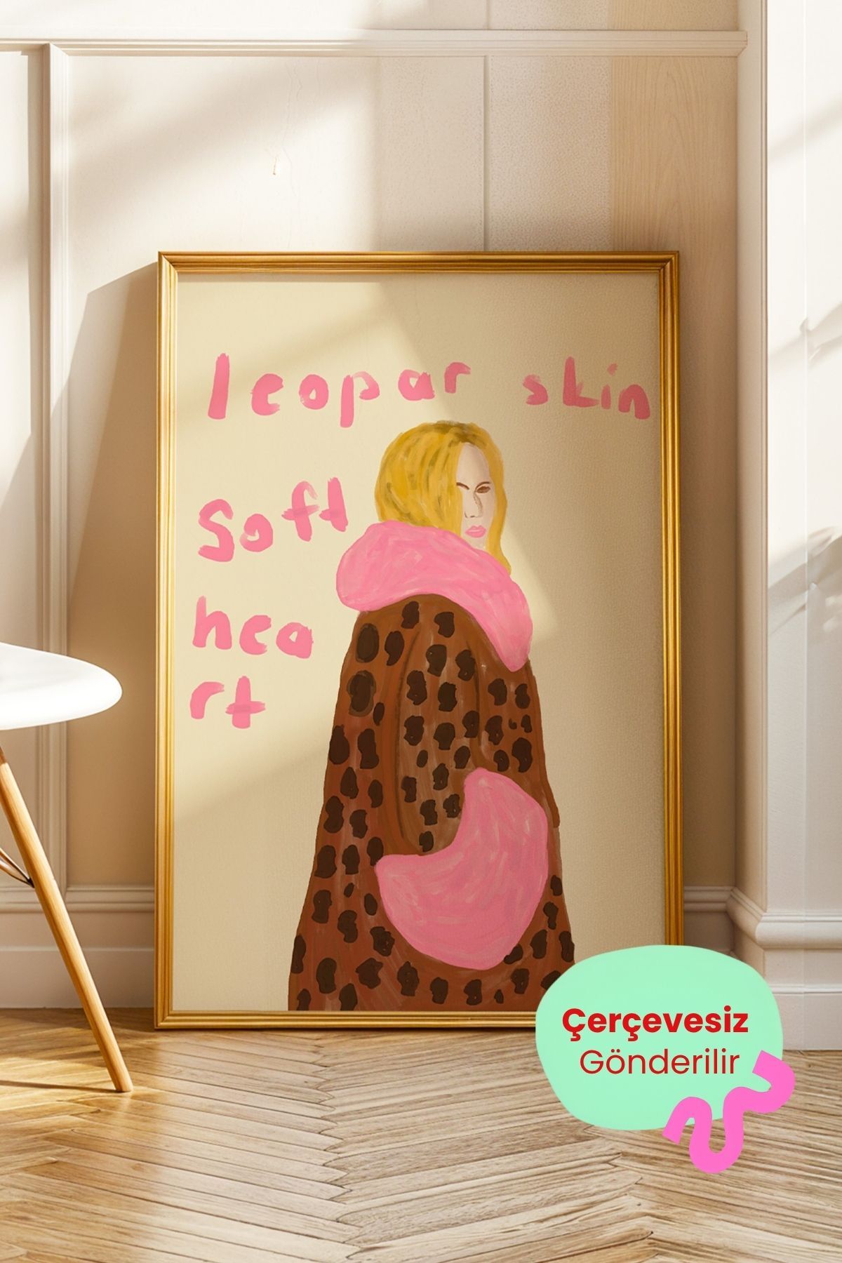Leopar Desenli Kadın Figür Poster Moda Temalı Modern Sanat Dekoratif Duvar Tablosu Çerçevesiz
