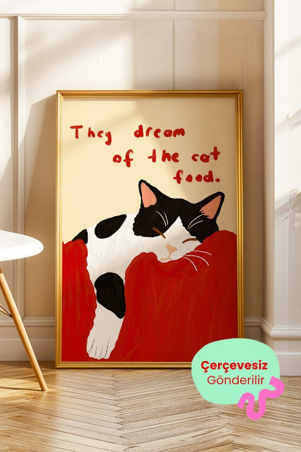 Uyuyan Kedi Tablo Yazılı İllüstrasyon Poster Minimal Duvar Dekoru Çerçevesiz