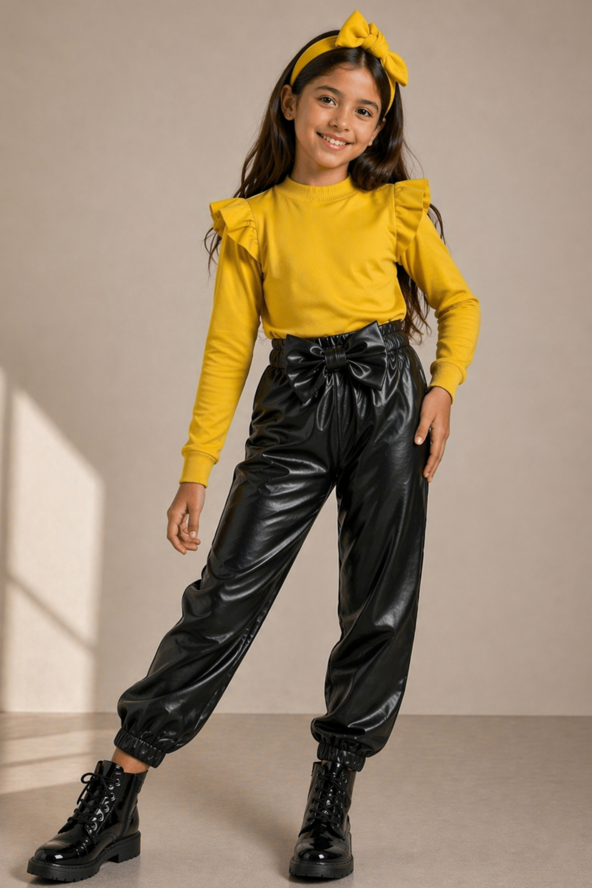 Girl, Black Leather Bow Detailed Trousers, Yellow Shoulder Frilly Band and Headband Set.