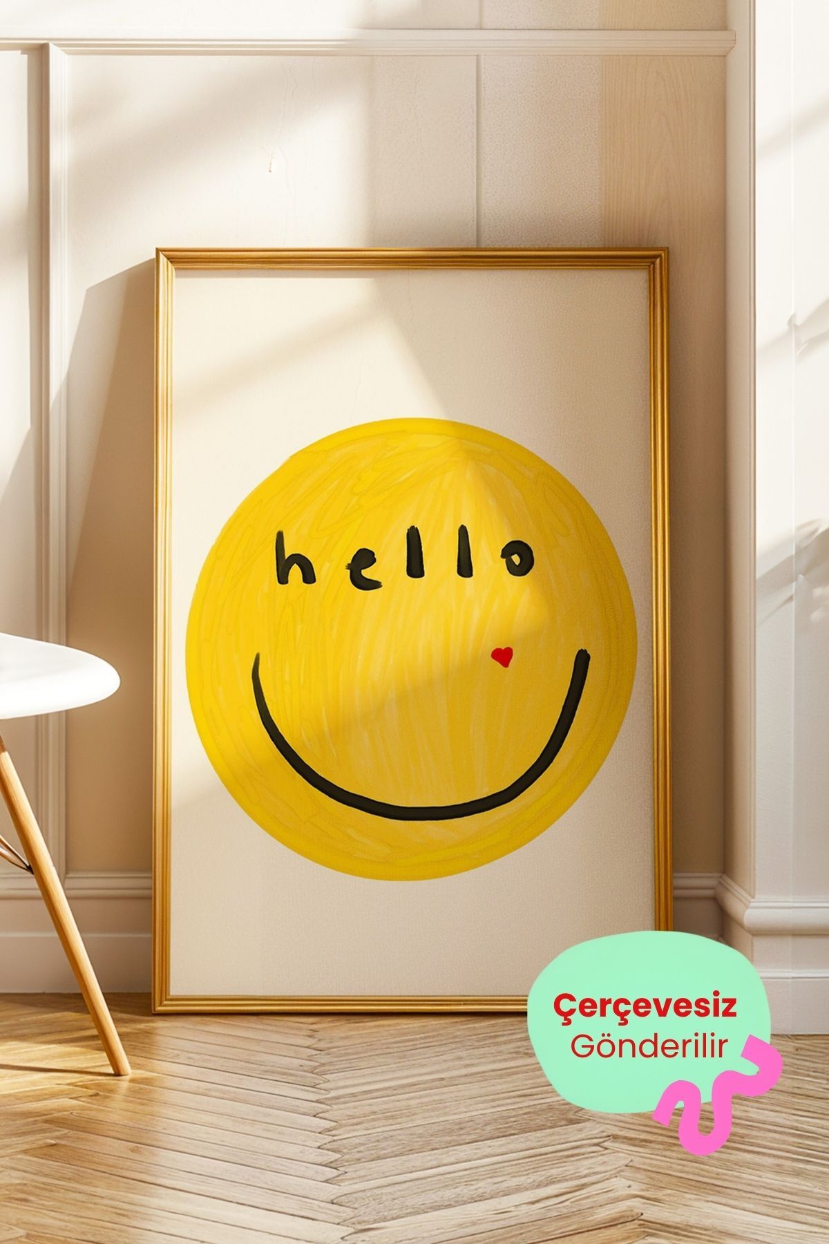 Gülen Yüz Tablo Sarı Minimal Emoji Poster Modern Duvar Dekoru Çerçevesiz