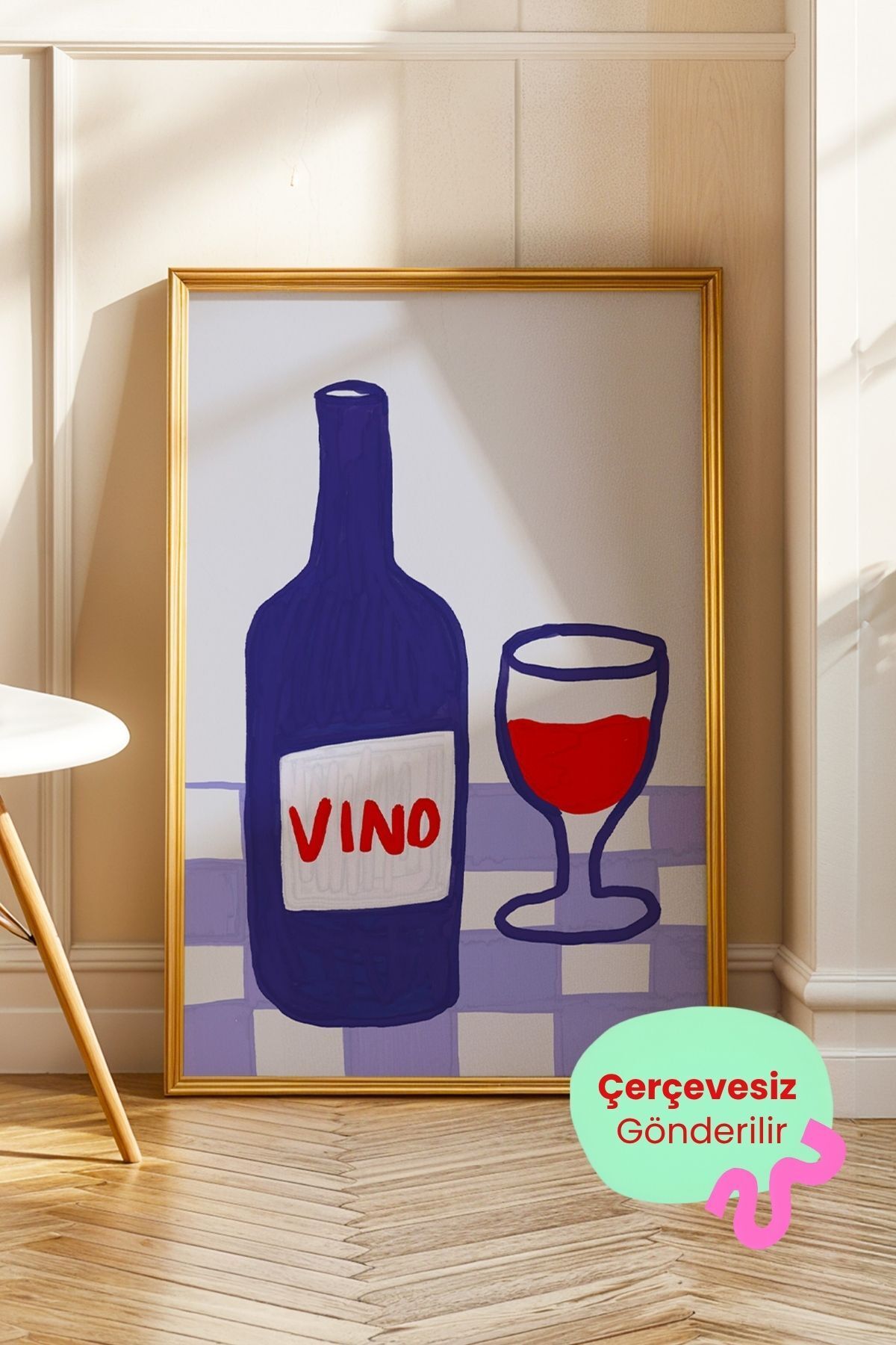 Şarap Şişesi ve Kadeh Tablo Modern Mutfak Poster VINO Yazılı Duvar Dekoru Çerçevesiz