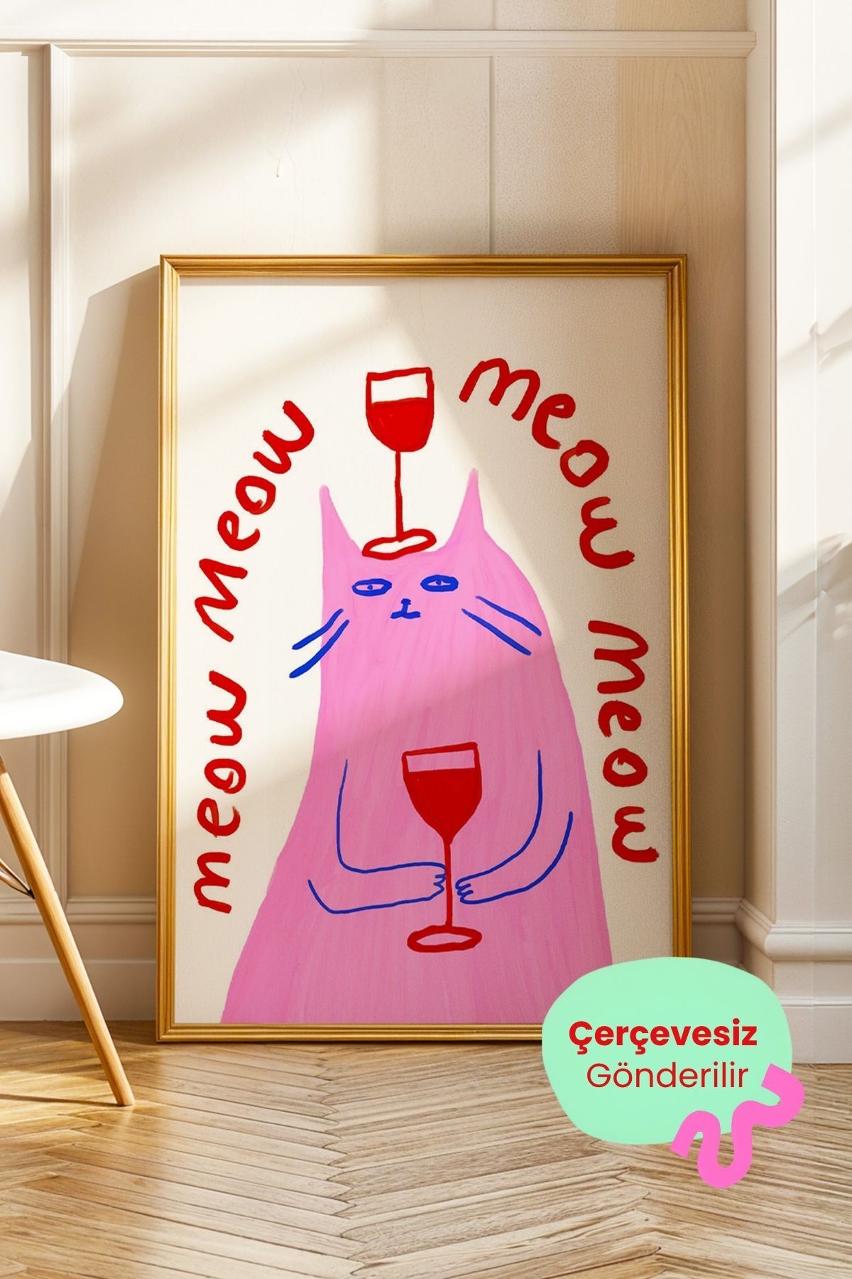 Kedi ve Şarap Temalı Yazılı Tablo Eğlenceli Poster Duvar Dekoru Çerçevesiz