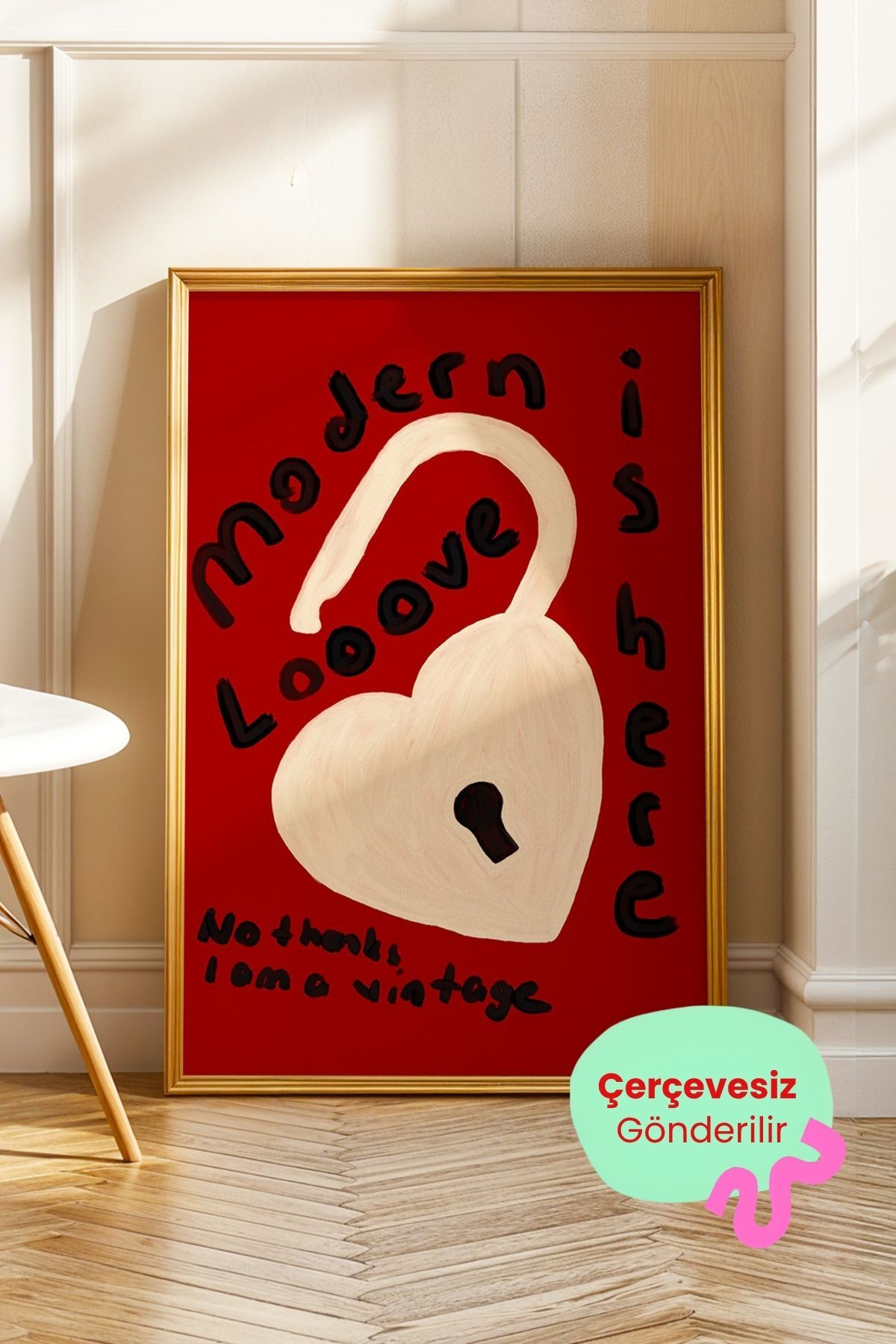Kırmızı Kalp Poster Love Is Here Yazılı Romantik Duvar Dekoru Çerçevesiz
