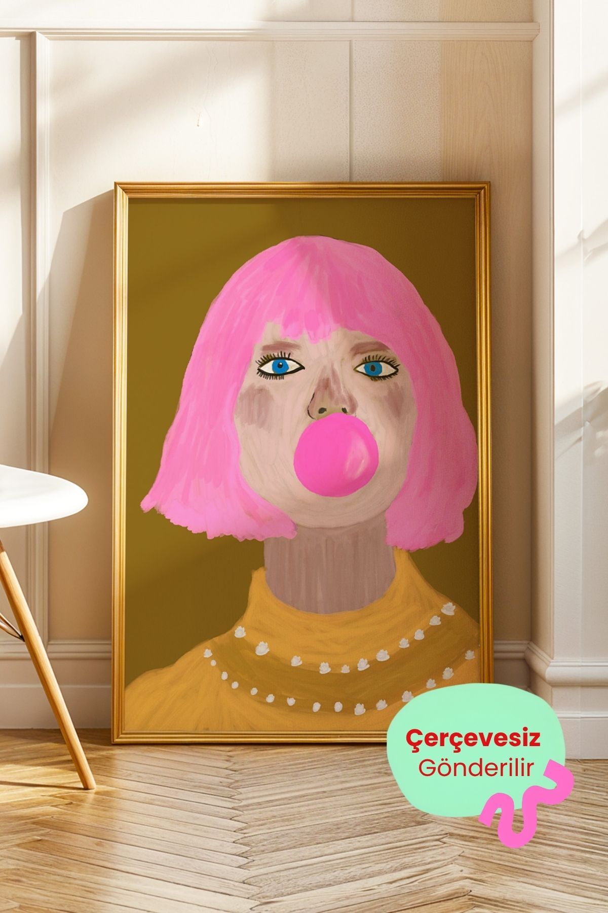 Kadın Pop Art Tablo Sakız Balonlu Modern Poster Duvar Dekoru Çerçevesiz