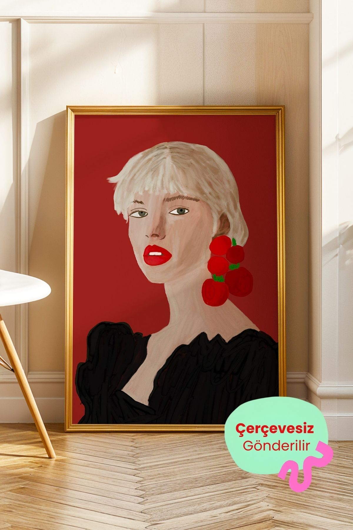 Modern Kadın Portre Tablo Kiraz Küpe İllüstrasyon Poster Duvar Dekoru Çerçevesiz