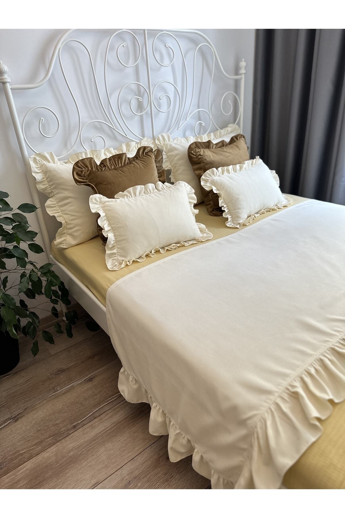 Ecru Frilly Bed Runner Throw Set Bed Shawl Set Double 3 SHAWLS