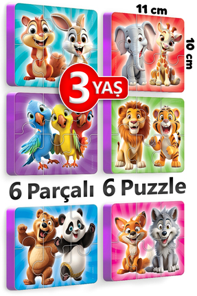 EVAKANCA 6 Parçalı 6 Adet Kalın Puzzle 2-3 Yaş Yapboz Yaban Hayvanları