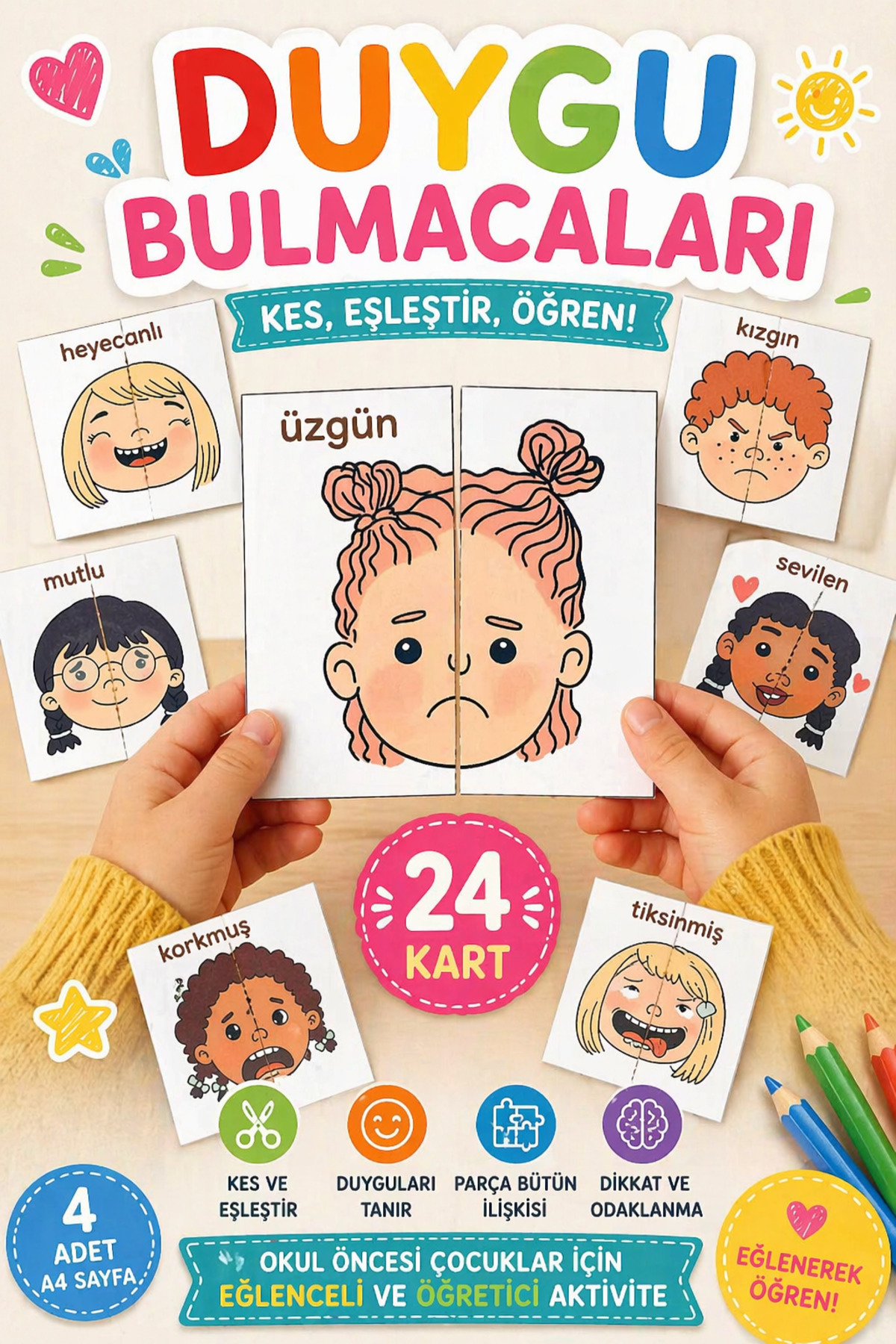 Emotion Puzzles 24 Cards | Preschool Educational Emotion Matching Game | Cut Match Emotion Cards Activity