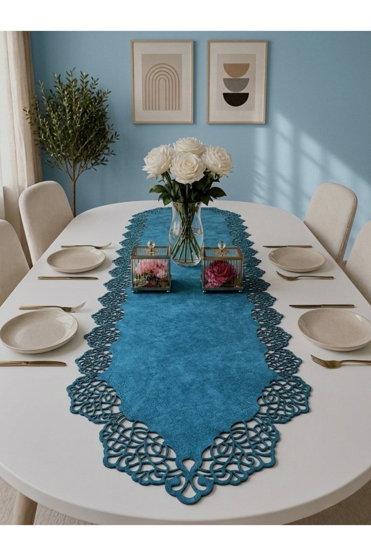 Blue Suede Fabric Runner 40x140 Cm Table Length - Modern Design