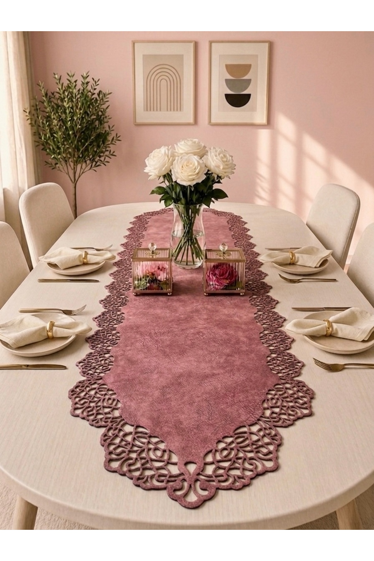 Pink Suede Fabric Runner 40x140 Cm Table Length - Modern Design