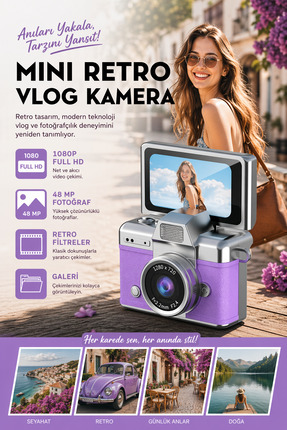RoseandRoses Minyatür Dönen Ekran Retro Anahtarlık Video Foto Kamera 1080P
