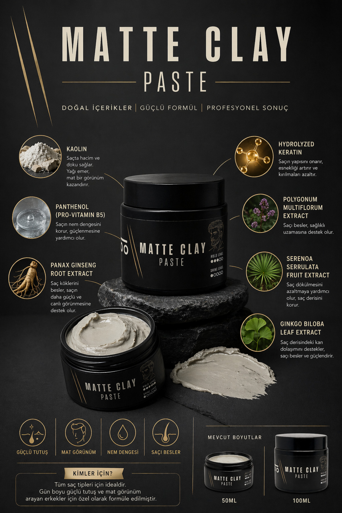 Matte Clay Paste – Mat Bitiş Orta Tutuş Erkek Saç Şekillendirici Wax 50 ml — BY-CLAY50 — تصویر 7 از 9