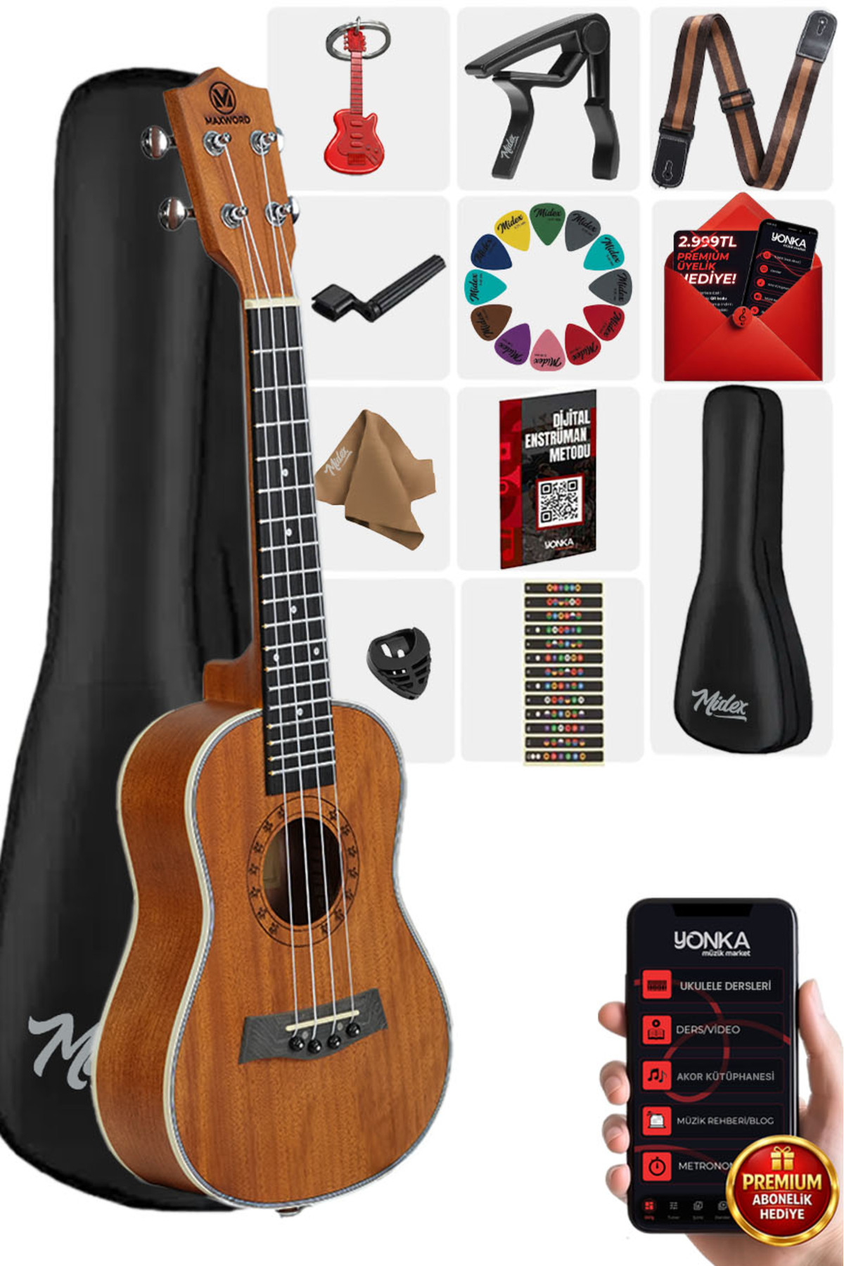 Midex Mu-24 pro Yüksek Kaliteli Maun Concert Ukulele Seti - Fiyatı