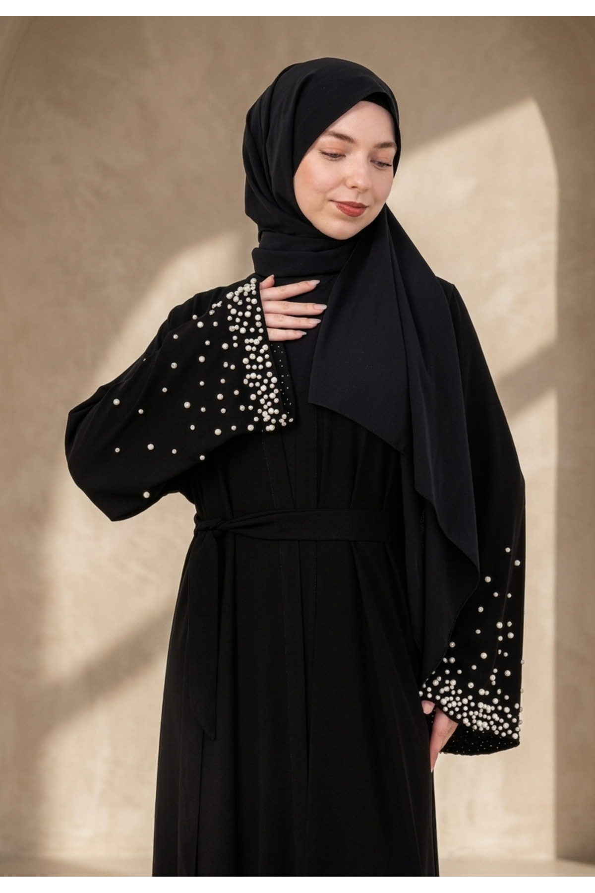 Black Pearl and Stone Embroidered Belted Abaya - Abaya
