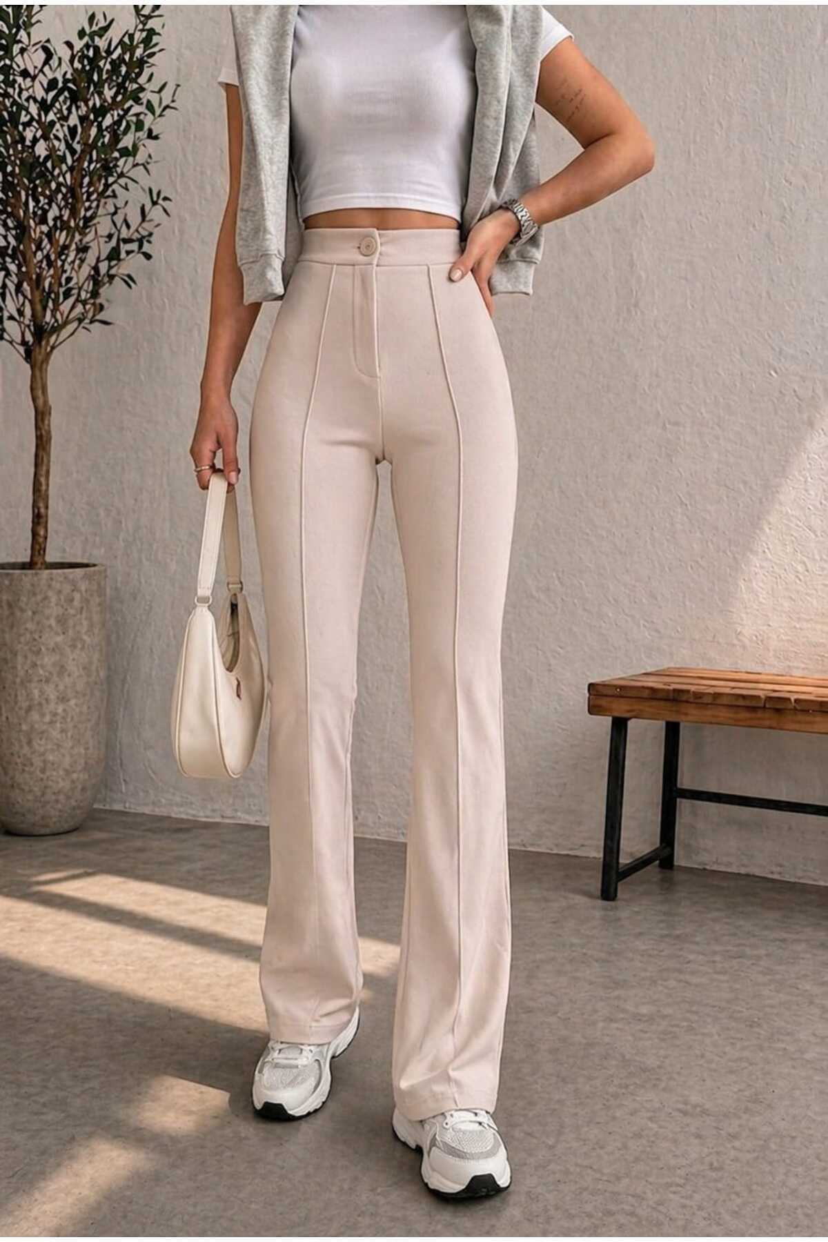 Women's high waist beige lycra pull-up palazzo flare trousers
