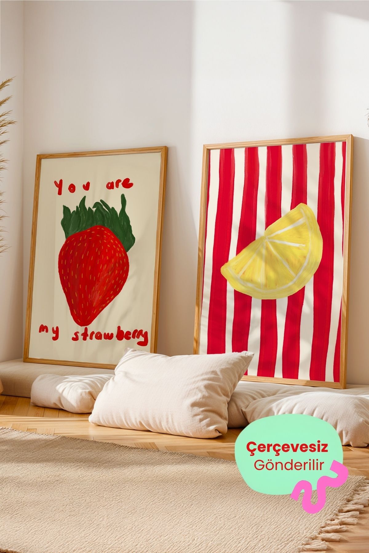 2’li Çilek ve Limon Tablo Poster Seti Renkli Mutfak Duvar Dekoru Çerçevesiz