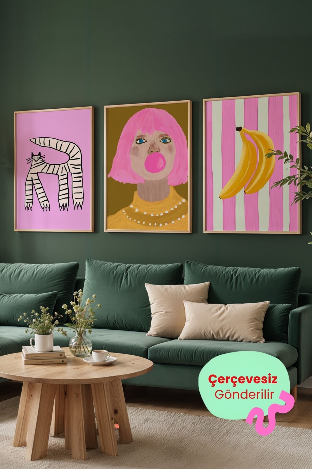 3’lü Modern Tablo Seti Kadın Portre Kedi ve Muz İllüstrasyon Poster Salon Duvar Dekoru Çerçevesiz