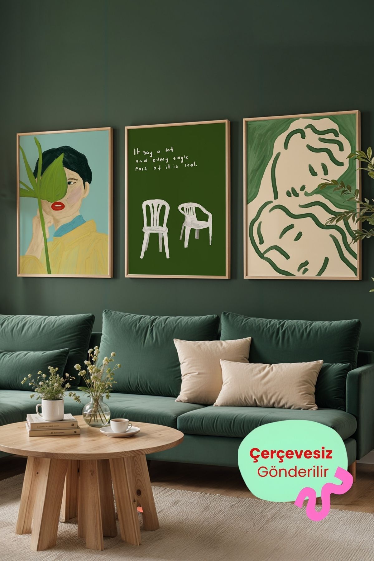3’lü Modern Sanatsal Poster Tablo Seti Yeşil Tonlu Duvar Dekoru Çerçevesiz