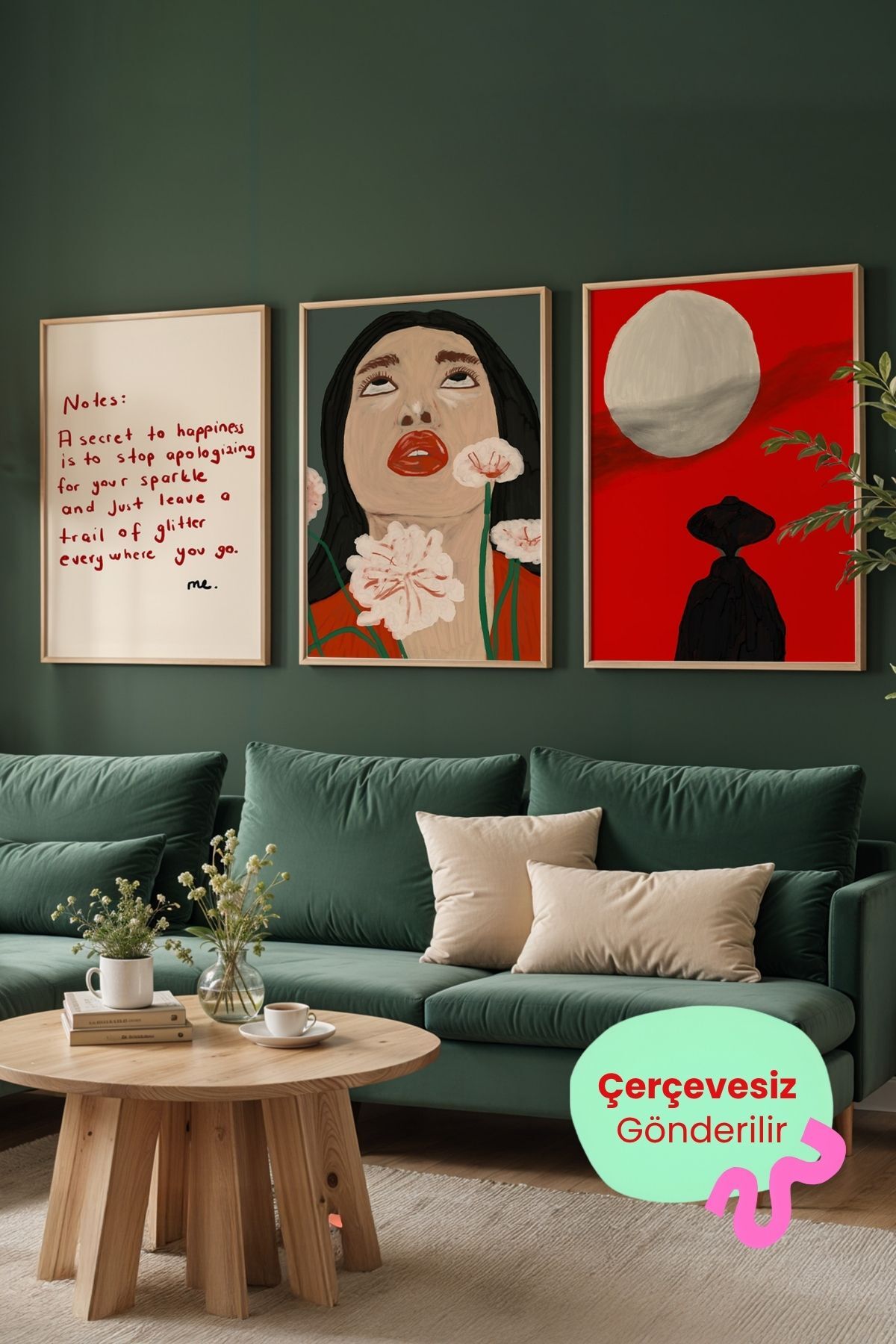3’lü Modern Tablo Poster Seti Kadın Figürlü Yazılı Salon Duvar Dekoru Çerçevesiz