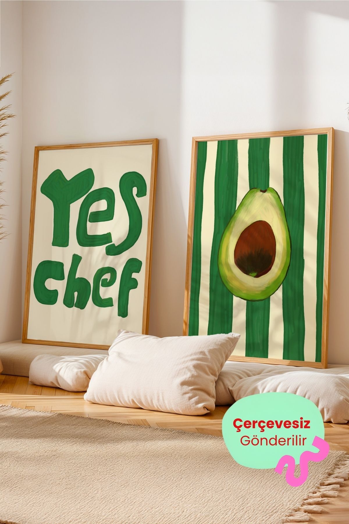 2’li Mutfak Tablosu Yes Chef ve Avokado Poster Seti Duvar Dekoru Çerçevesiz