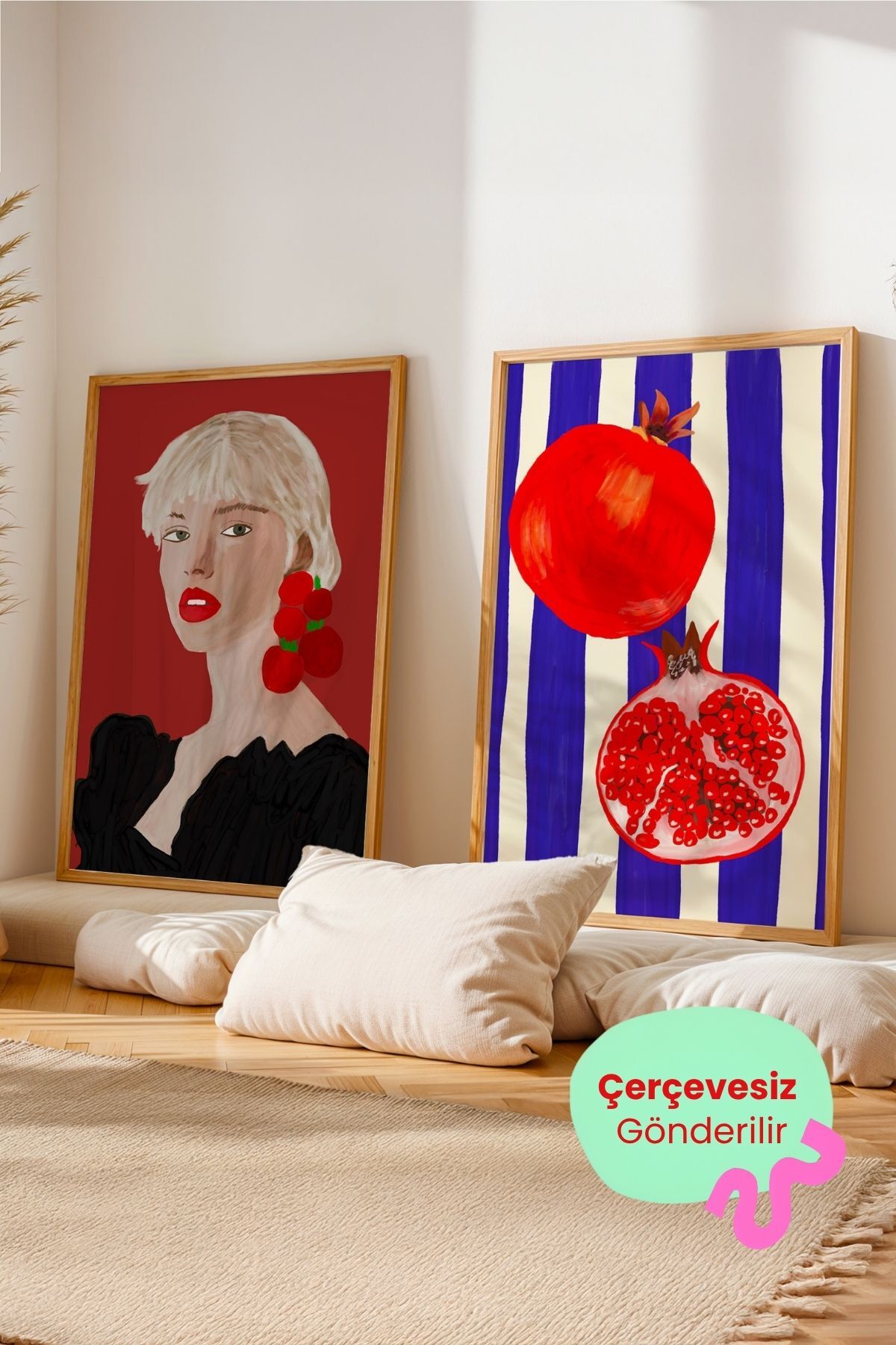 2’li Tablo Seti Nar ve Kadın Portre Modern Poster Duvar Dekoru Çerçevesiz